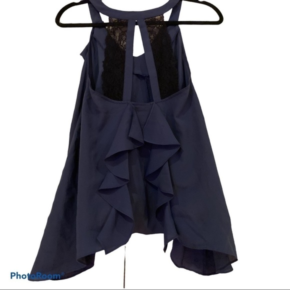 BCBG Blue & Black Ruffle Lace  Sleeveless Blouse Size X Small - Picture 12 of 12